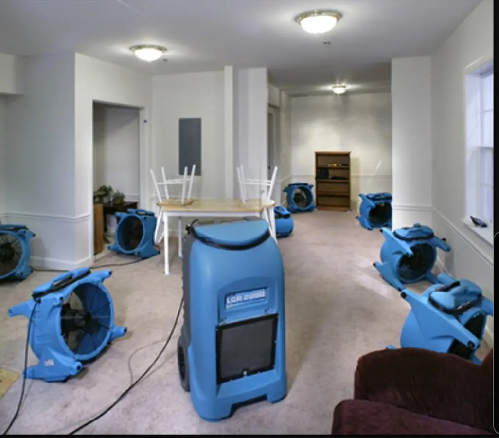Air movers and dehumidifier setup for Water Damage Restoration in Zionsville